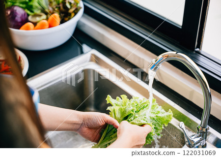 Woman's hands wash a mix of fresh vegetables under running water in a modern kitchen sink preparing for a vegan salad. Emphasizing hygiene and clean eating at home. Woman's hands wash a mix of fresh vegetables under running water in a modern kitchen sink preparing for a vegan salad. Emphasizing hygiene and clean eating at home. 122031069
