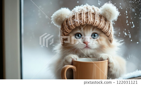 Cute kitten with blue eyes wearing a knitted hat enjoying a warm drink. Generative AI 122031121