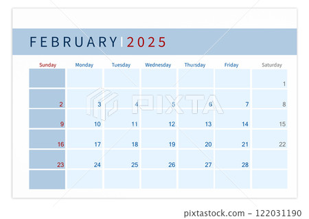 Blank calendar page for February 2025 year isolated on white background. 122031190