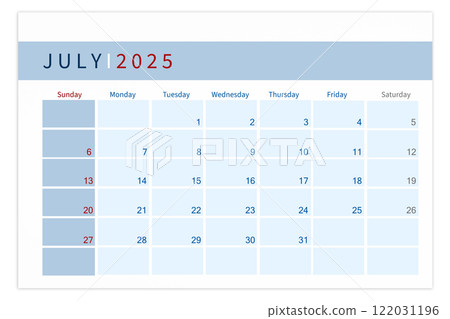 Blank calendar page for July 2025 year isolated on white background. Blank calendar page for July 2025 year isolated on white background. 122031196