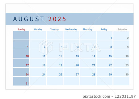 Blank calendar page for August 2025 year isolated on white background. Blank calendar page for August 2025 year isolated on white background. 122031197