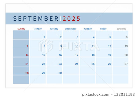 Blank calendar page for September 2025 year isolated on white background. 122031198