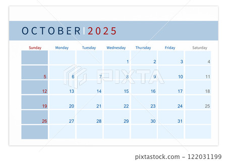 Blank calendar page for October 2025 year isolated on white background. 122031199