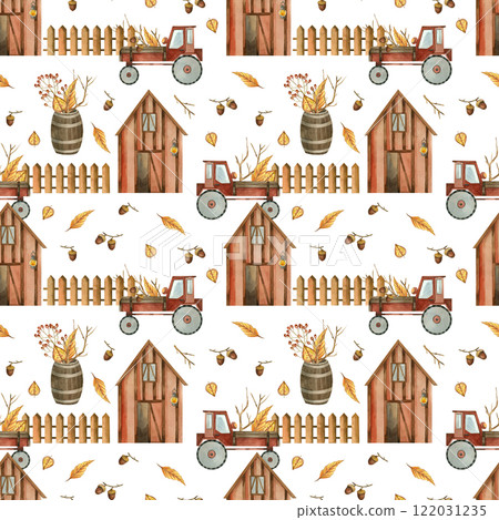 Farm with fence, tractor, plants, storage barrel. Seamless watercolor pattern painted with watercolor. Suitable for printing on fabric, paper and scrapbooking. High quality illustration. 122031235