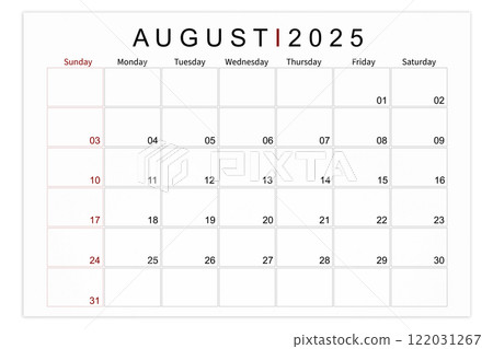 August 2025 Blank calendar page isolated on white background. August 2025 Blank calendar page isolated on white background. 122031267