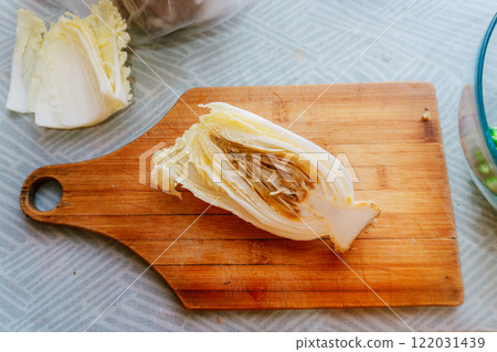 spoiled Chinese cabbage on a wooden stand spoiled Chinese cabbage on a wooden stand 122031439