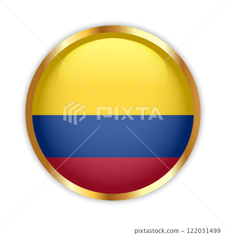 Colombia national flag button with golden frame. Colombia round badge icon. Vector illustration 122031499