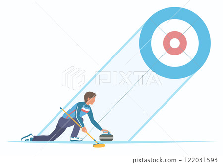 Curling player with stone and broom on a ice rink. Curling Sheet on Background. Curling player with stone and broom on a ice rink. Curling Sheet on Background. 122031593
