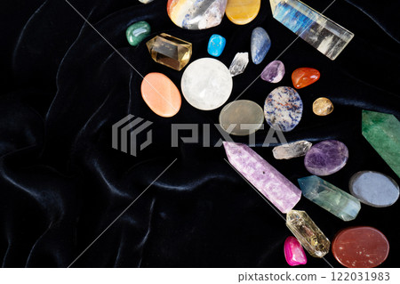 Healing crystals on brown background Healing crystals on brown background 122031983