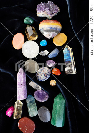 Healing crystals on brown background Healing crystals on brown background 122031993