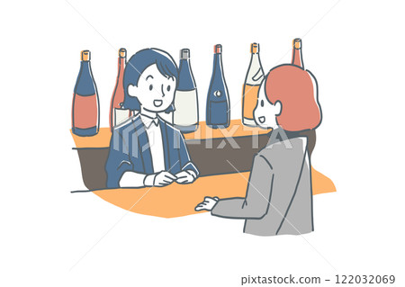 一名女店員和一名女顧客在酒類商店為顧客提供服務的插圖 122032069