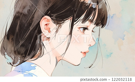 Watercolor illustration of a woman's profile looking down Watercolor illustration of a woman's profile looking down 122032118
