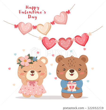 Valentine's Day illustration with cute bears and heart garland Valentine's Day illustration with cute bears and heart garland 122032219