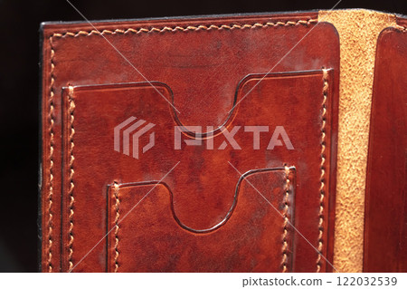 Part of a brown leather wallet or purse close-up. Part of a brown leather wallet or purse close-up. 122032539