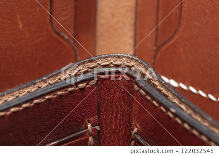 Part of a brown leather wallet or purse close-up. 122032545