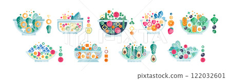 Fresh Fruit and Vegetable Salad in Bowl Flat Icon Vector Set Fresh Fruit and Vegetable Salad in Bowl Flat Icon Vector Set 122032601