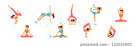 Slim Woman Character Do Yoga Stretch Body Vector Set 122032605