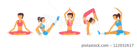 Slim Woman Character Do Yoga Stretch Body Vector Set 122032617