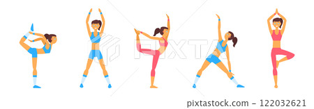 Slim Woman Character Do Yoga Stretch Body Vector Set 122032621