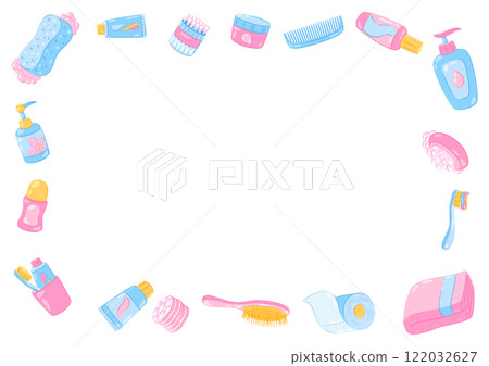 Background with hygiene objects. Washing, beauty, body care. Personal hygiene and self care items. 122032627