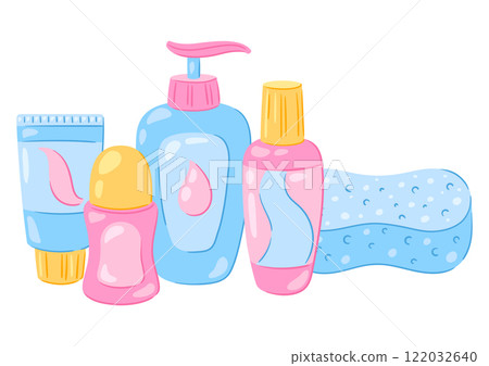 Illustration with hygiene objects. Washing, beauty, body care. Personal hygiene and self care items. Illustration with hygiene objects. Washing, beauty, body care. Personal hygiene and self care items. 122032640