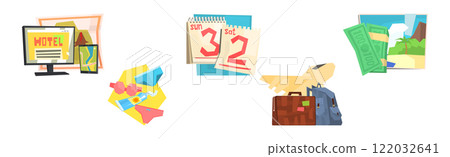Beach Stuff for Summer Travel and Vacation Accessories Vector Set Beach Stuff for Summer Travel and Vacation Accessories Vector Set 122032641