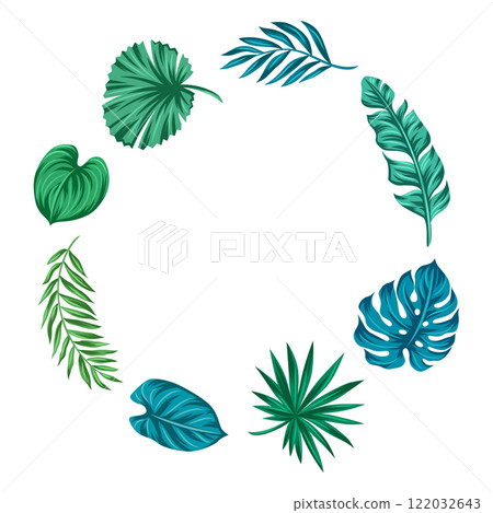 Frame with stylized palm leaves. Decorative image of tropical foliage and plants. Frame with stylized palm leaves. Decorative image of tropical foliage and plants. 122032643