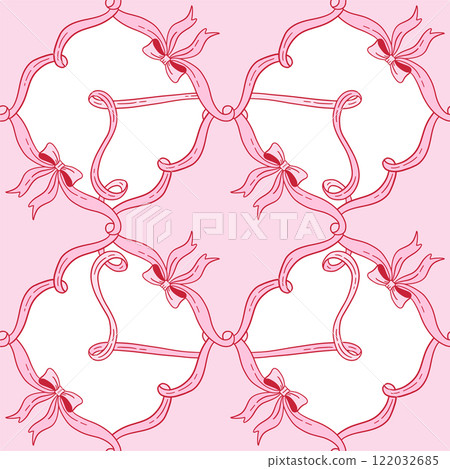 Seamless pattern with satin bow knots, gift ribbons in checkered composition. Trendy hair braiding accessory style. Hand drawn linear vector illustration. Valentine s day coquette background. Seamless pattern with satin bow knots, gift ribbons in checkered composition. Trendy hair braiding accessory style. Hand drawn linear vector illustration. Valentine s day coquette background. 122032685
