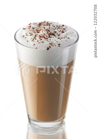 cappuccino in glass with grated chocolate sprinkles isolated on white cappuccino in glass with grated chocolate sprinkles isolated on white 122032708