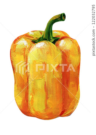 Pepper. Ripe vegetables on isolated background, acrylic painting, vintage picture yellow pepper design poster, paprika 122032795