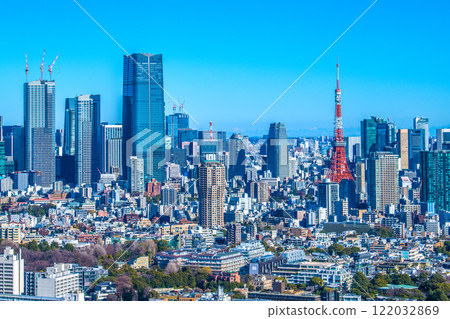 日本東京城市景觀 東京城市景觀。眺望麻布台之丘、東京鐵塔等 日本東京城市景觀 東京城市景觀。眺望麻布台之丘、東京鐵塔等 122032869