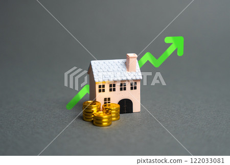 House with gold coins and green arrow pointing up. Rising property value. Increasing profitability of housing investments. 122033081