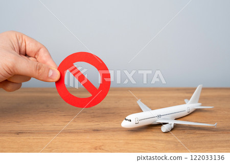 Hand holding a red NO sign near a passenger plane. Flight restrictions and bans. Airspace closure, air carrier license revocation. Aircraft grounding due to high accident risk. 122033136