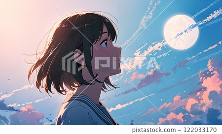 A girl looking up at the sky 122033170