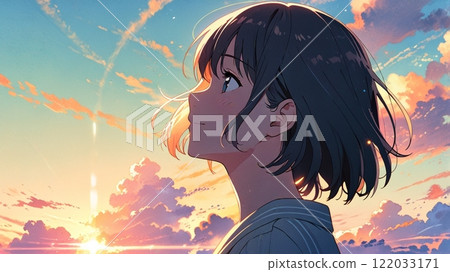 A girl looking up at the sky 122033171