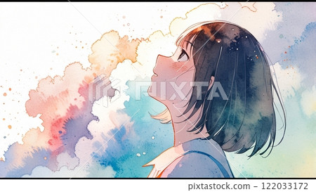 A girl looking up at the sky 122033172