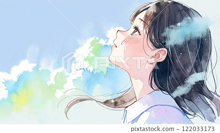A girl looking up at the sky 122033173