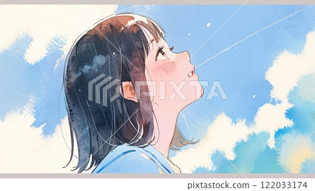 A girl looking up at the sky 122033174