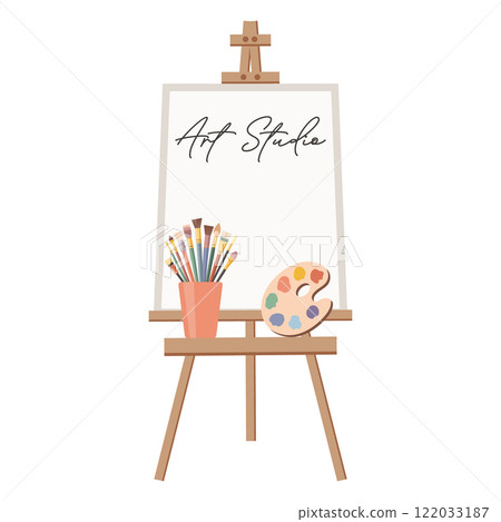 Painting easel with palette, paints, brushes and canvas. Art studio design. Flat illustration 122033187