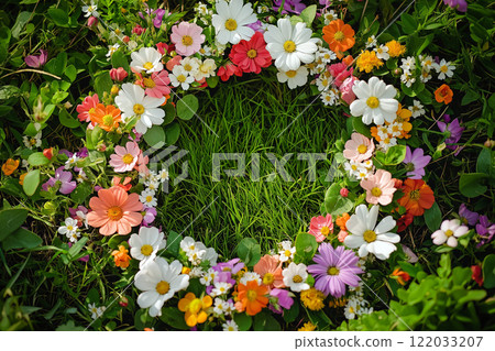 Beautiful Floral Wreath Displayed on a Sunny Spring Meadow. Handcrafted flower wreath lying on green grass, representing springtime and seasonal beauty 122033207