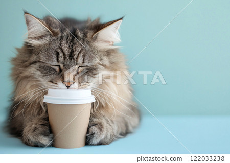 Funny sleepy cat with messy fur holding a cup of coffee against a teal background. Tired cat with tangled fur holding a coffee cup, morning exhaustion, need for caffeine. I hate Mondays concept 122033238