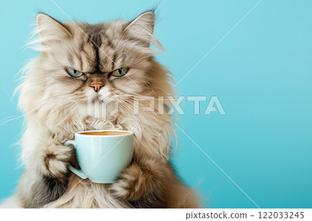 Funny sleepy cat with messy fur holding a cup of coffee against a teal background. Tired cat with tangled fur holding a coffee cup, morning exhaustion, need for caffeine. I hate Mondays concept 122033245