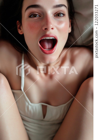 Erotic, sex, masturbation, cunnilingus, porn. Young woman having orgasm. Beautiful woman with open mouth enjoying sex lying in bed, wide open legs pose. Sexual experience, sensual pleasure. Erotic, sex, masturbation, cunnilingus, porn. Young woman having orgasm. Beautiful woman with open mouth enjoying sex lying in bed, wide open legs pose. Sexual experience, sensual pleasure. 122033271