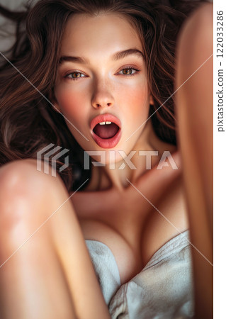 Erotic, sex, masturbation, cunnilingus, porn. Young woman having orgasm. Beautiful woman with open mouth enjoying sex lying in bed, wide open legs pose. Sexual experience, sensual pleasure. 122033286
