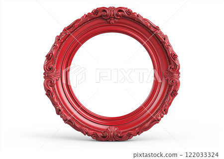 Baroque red round ornate frame with an elegant flower motif background. A detailed red vintage round frame with floral ornamentation on white background. Mockup with copy space for text 122033324