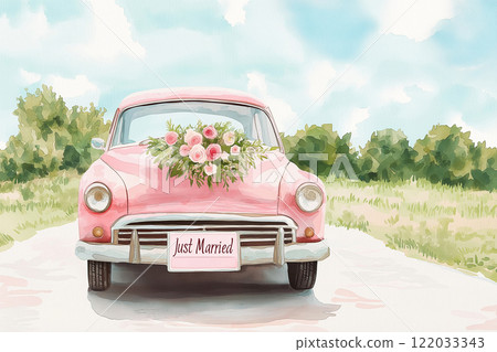 Wedding just married car decorated with flowers on a road. Classic vintage elegant bridal car, old-fashioned car for weddings. Floral wedding decorations, traditional festive celebrations, wedding day 122033343