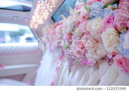 Wedding car interior decorated with flowers. Classic elegant bridal car, old-fashioned car for weddings. Floral wedding decorations for traditional festive celebrations. Love and marriage concept 122033346
