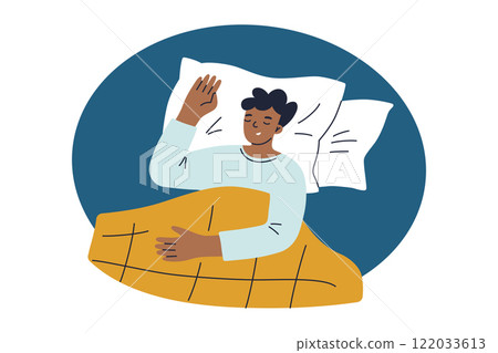 Vector illustration of man sleeping in bed under yellow blanket, resting on white pillows, flat cartoon style. Cozy sleep, relaxation, bedtime, and healthy lifestyle concept, isolated colored clipart Vector illustration of man sleeping in bed under yellow blanket, resting on white pillows, flat cartoon style. Cozy sleep, relaxation, bedtime, and healthy lifestyle concept, isolated colored clipart 122033613