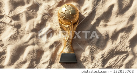 Golden football trophy on a sand, illuminated by sunlight, representing triumph in a desert-like environment. Concept 122033708