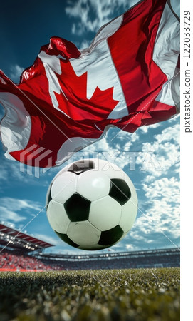 Classic black-and-white football in focus in mid-air with Canadian flag waving above, in a stadium under a vibrant blue sky. 122033729